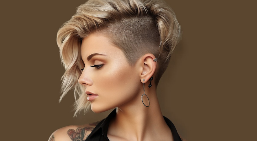 traşlı saç modeline sahip kadın yana bakıyor